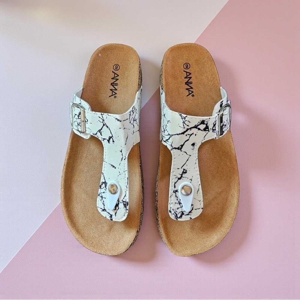 Anna Glory-200 Womens White Marble Print Thong Comfort Sandals Size 7 NEW